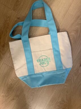 Trader Joe's Canvas Mini Tote in Cream and Light Blue